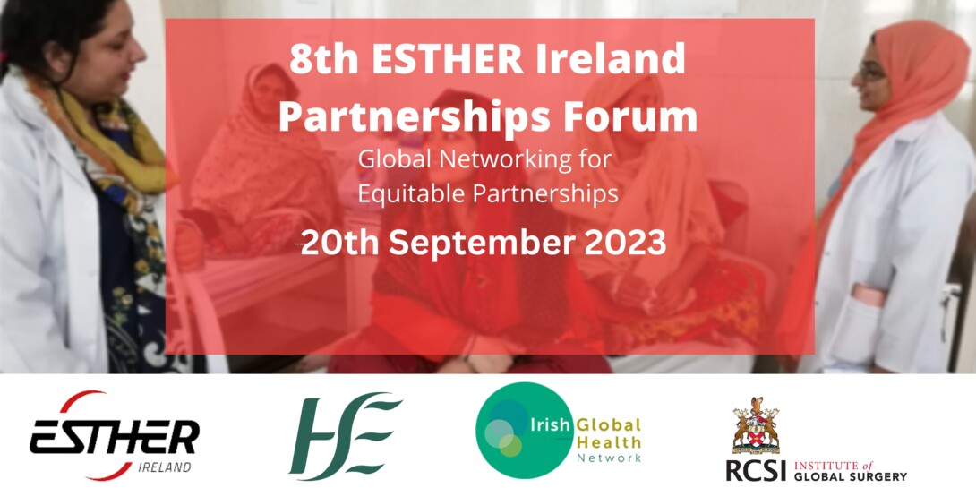 Image shows event title "8th ESTHER Partnership Forum", theme "Global Networking for Equitable Partnerships", and date of event "20th September 2023".